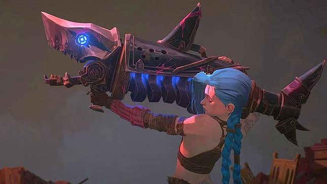 Jinx holds up a shark-shaped rocket launcher, preparing to fire.