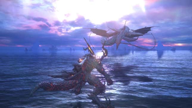 Ifrit and Leviathan face off above a body of water.