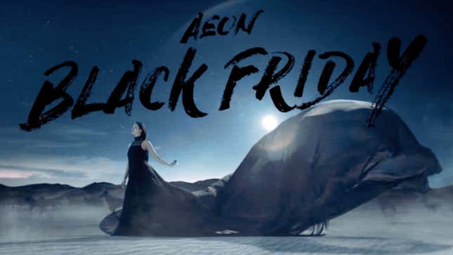 A woman stands in the desert wearing a big, flowing dress. Above her head, it reads, "Aeon Black Friday."