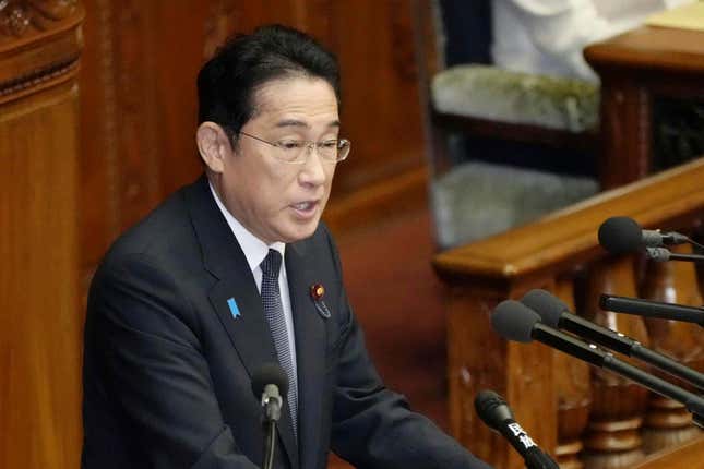 Japan&#39;s Prime Minister Fumio Kishida delivers his policy speech during an extraordinary session of the Diet at the parliament in Tokyo Monday, Oct. 23, 2023. (Kyodo News via AP)