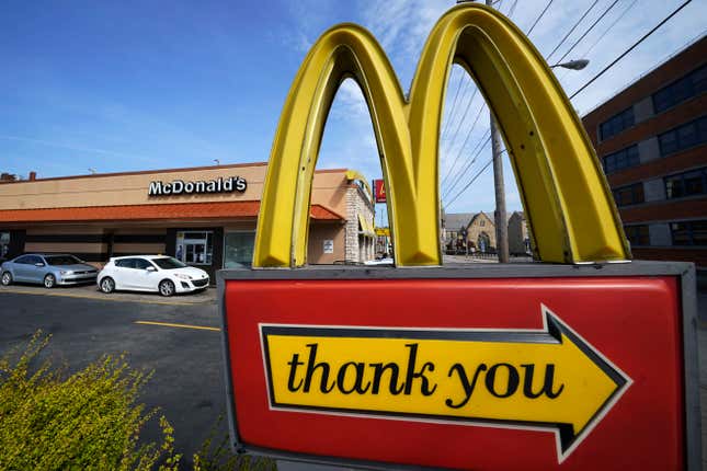 FILE - An exit sign is shown at a McDonald&#39;s restaurant in Pittsburgh, April 23, 2022. McDonald&#39;s reports earnings on Monday Oct. 30, 2023. (AP Photo/Gene J. Puskar, File)