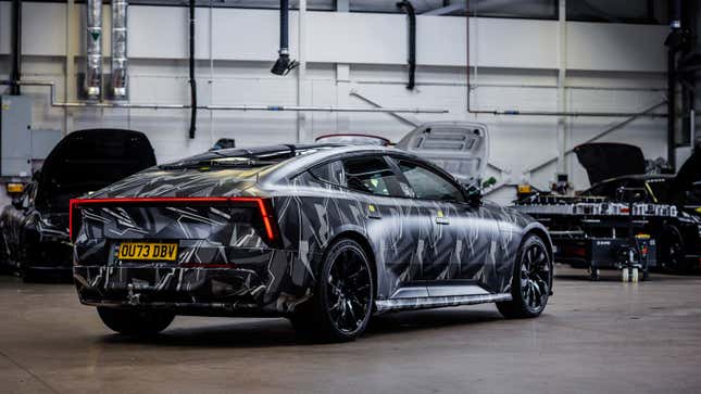 A photo of the Polestar 5 prototype at a factory in the UK. 