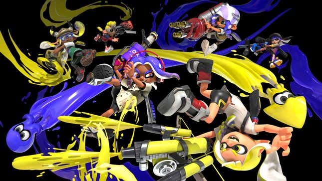Artwork for Splatoon 3 shows a bunch of characters in various poses, firing paint all over.