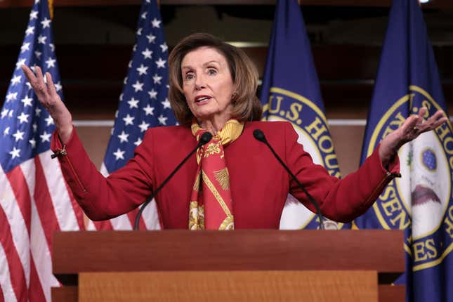 WASHINGTON, DC - FEBRUARY 09: Speaker of the House Nancy Pelosi answers questions during a press conference at the U.S. Capitol on February 09, 2022, in Washington, DC. 