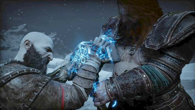 Kratos struggles to push Thor's hammer away.