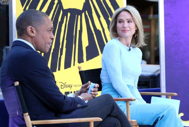T.J. Holmes and Amy Robach on the set of Good Morning America in New York City.