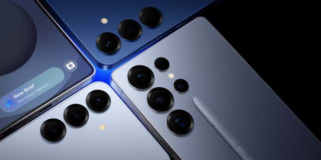 the corners of four Samsung smartphones with three camera lenses and part of a screen put together in an photo illustration