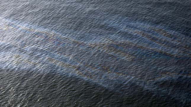 An oil sheen drifting from the site of the former Taylor Energy oil rig in the Gulf of Mexico, off the coast of Louisiana.