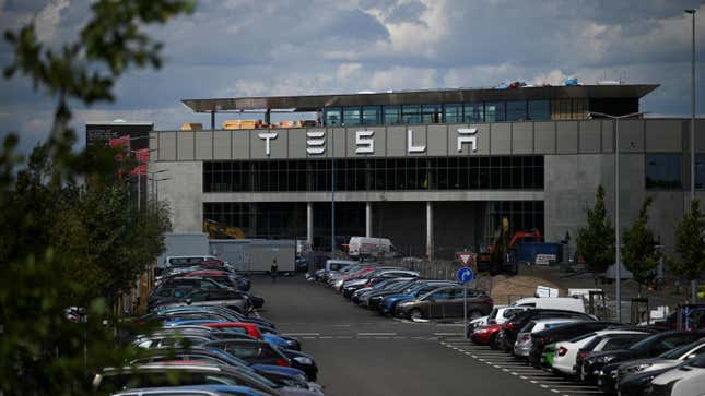 A parking-lot view of Tesla's Gigafactory Berlin-Brandenburg, the electric car manufacture, in Gruenheide, Germany.