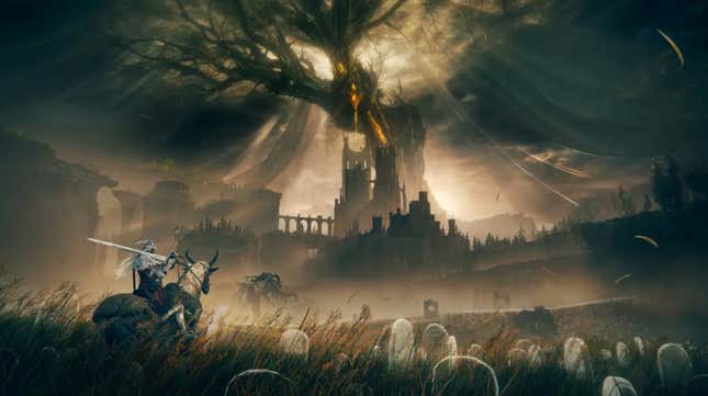 A figure on a horned horse with a sword slung over their shoulder in a graveyard looks at a massive tree in the distance in official Elden Ring artwork.