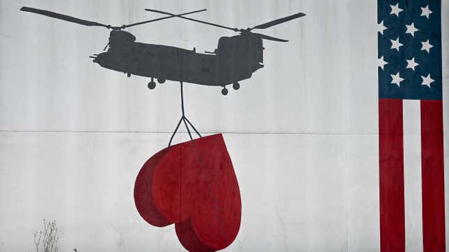 A wall mural painted on the wall of U.S. embassy in Kabul on July 30, 2021.