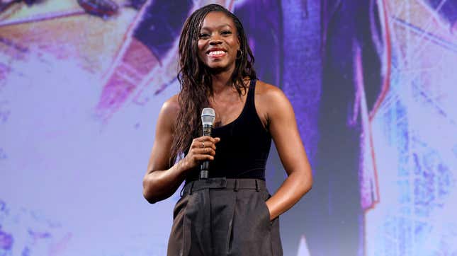  Nia DaCosta speaks onstage during The Marvels Fan Screening Surprise Talent Appearance at El Capitan Theatre in Hollywood, California on November 09, 2023.