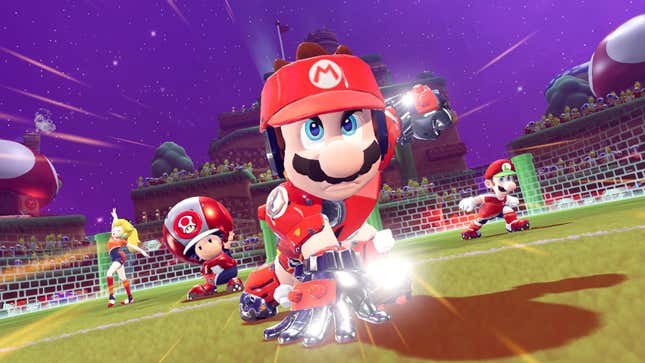 Mario gets ready to win a soccer game in Mario Strikers: Battle League, one of the biggest Switch games of 2022.