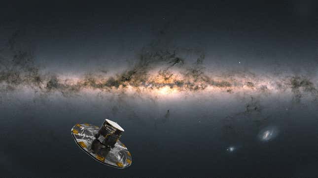 An artist's impression of the Gaia spacecraft, the Milky Way in background.