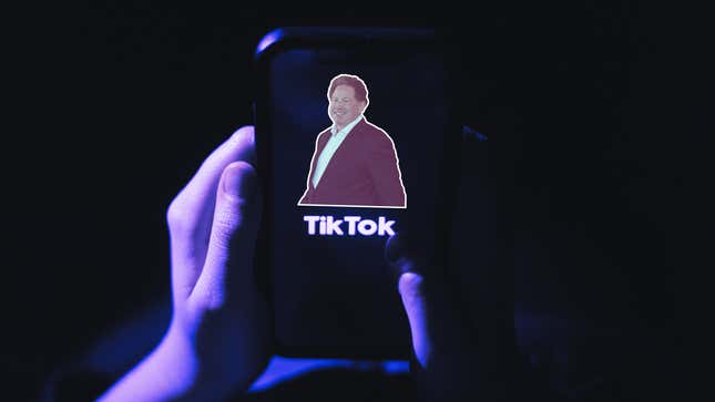 An illustration that features a photo of Bobby Kotick above the TikTok logo on a phone screen.