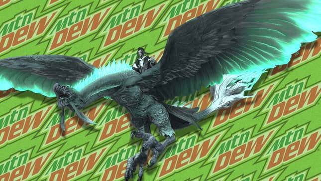 An image shows the new big bird mount in front of MTN DEW's logo. 