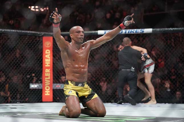 Apr 15, 2023; Kansas City, Missouri, USA; Edson Barboza (red gloves) reacts after the fight against Billy Quarantillo (blue gloves) during UFC Fight Night at T-Mobile Center.