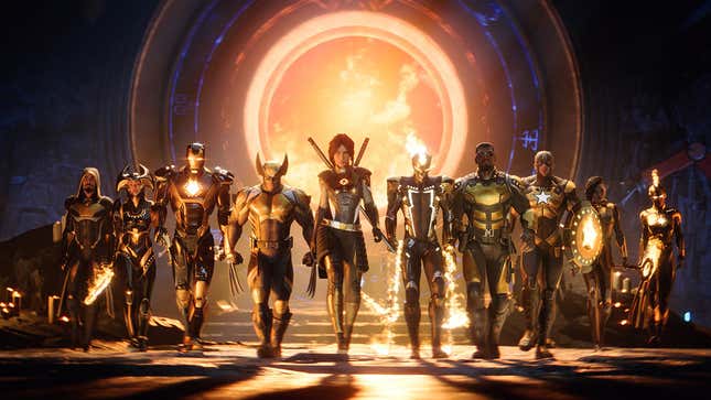 Superheroes walk in front of a sun in Marvel's Midnight Suns.