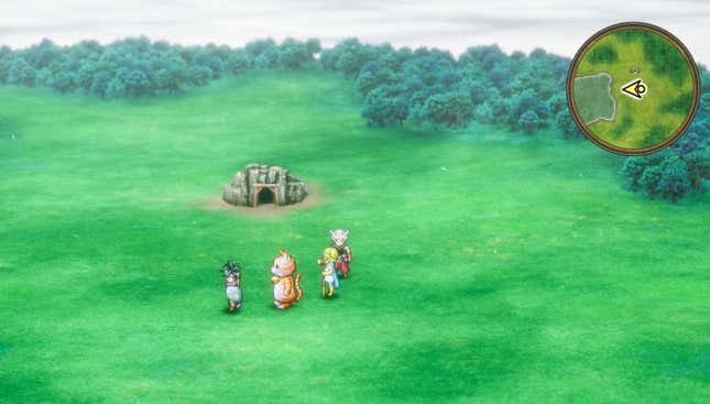 A screenshot of Dragon Quest III HD-2D. The party is seen standing on an etherial looking island in the sky. An entrance to a mine is behind them.