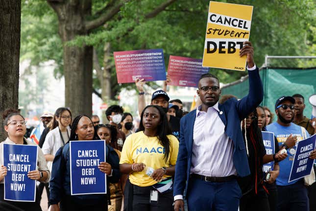 People for student debt relief demonstrate in front of the White House after the U.S. Supreme Court struck down President Biden's student debt relief program on June 30, 2023 in Washington, DC. In a 6-3 decision the justices of the Supreme Court struck down the Biden administration’s student debt forgiveness program in Biden v. Nebraska.