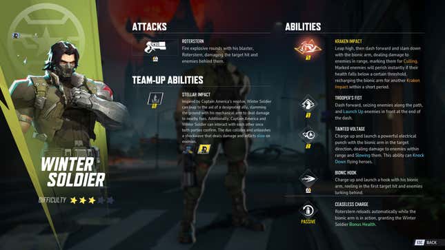 A screenshot shows Winter Soldier's various abilities.