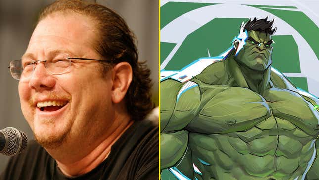 A voice actor is juxtaposed next to a Marvel character.