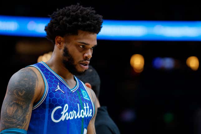 Miles Bridges #0 of the Charlotte Hornets reacts during the second half against the Atlanta Hawks at State Farm Arena on April 13, 2022 in Atlanta, Georgia. 