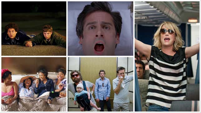 Clockwise from upper left: Superbad (Sony), The 40-Year-Old Virgin (Universal), Bridesmaids (Universal), The Hangover (Warner Bros.), Girls Trip (Universal)