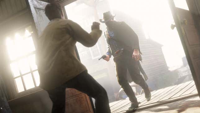 A Red Dead Redemption 2 screenshot shows Arthur Morgan waltz into a building brandishing his revolver. 