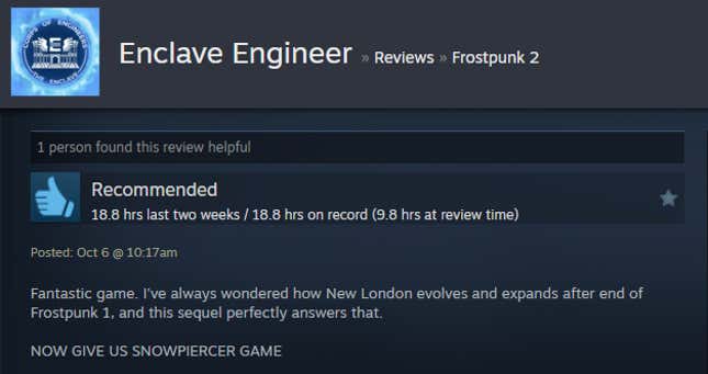 Image for article titled Frozen City Builder Frostpunk 2, As Told By Steam Reviews