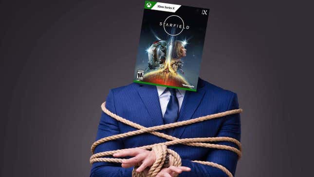 An image shows a man tied up with a Starfield cover over his head. 