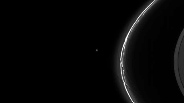 A Cassini image of shepherd moons acting on Saturn's F ring.