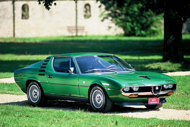 Front 3/4 view of a green Alfa Romeo Montreal