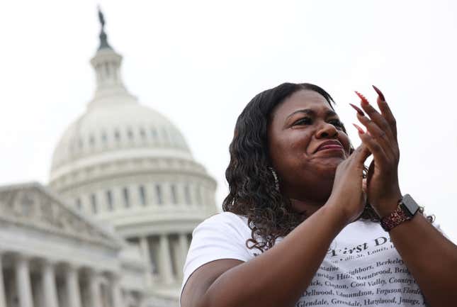 U.S. Rep. Cori Bush (D-Mo.) becomes emotional during a news conference on the eviction moratorium at the Capitol on August 03, 2021 in Washington, DC. 