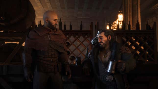 Rook and Varric stand next to a bar.