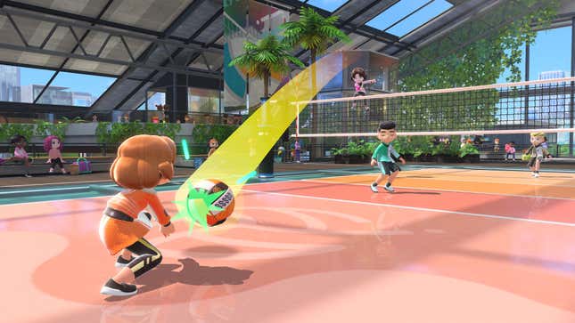 Players play volleyball in Nintendo Switch Sports on a sunny day while other players use naughty words to get around the profanity filter.