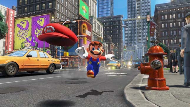 Mario throws his hat while running through New Donk City.