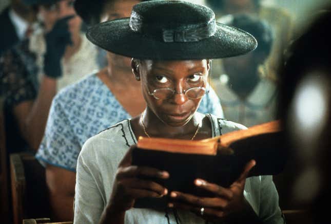 Whoopi Goldberg reads Bible in a scene from the film ‘The Color Purple’, 1985.