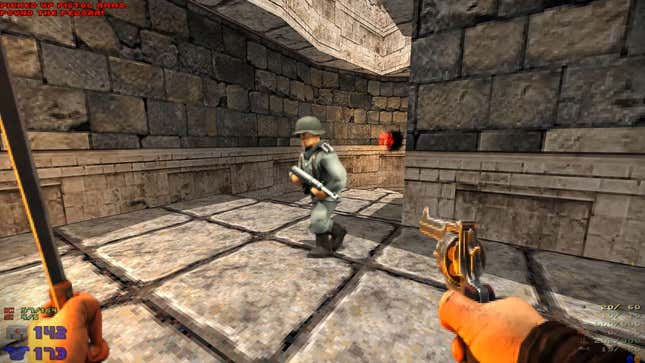 Une capture d’écran de Venturous montre un joueur avec un revolver pointé sur un nazi dans le mod Doom. 