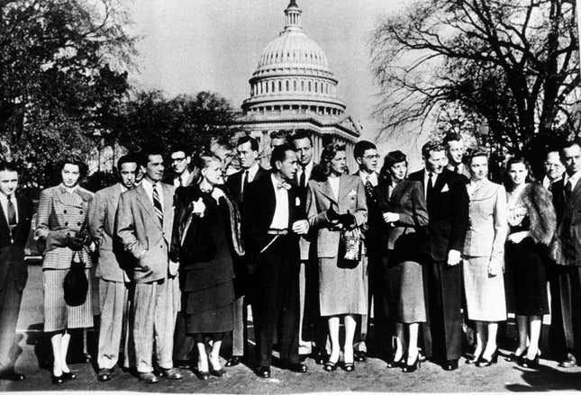 A group of Hollywood stars pose against the Capitol dome as they arrive for a session of the House Un-American Activities Committee in Washington, D.C., Oct. 27, 1947. From left are, Jules Buell, Marsha Hunt, David Hopkins, Richard Conte, Ralph Alswang, June Havoc, John Huston, Sterling Hayden, back, Humphrey Bogart, Paul Henreid, Lauren Bacall, Joseph Sistrom, Evelyn Keyes, Danny Kaye, Sheppard Strudwick, Jane Wyatt, Geraldine Brooks, Ira Gershwin and Larry Adler.