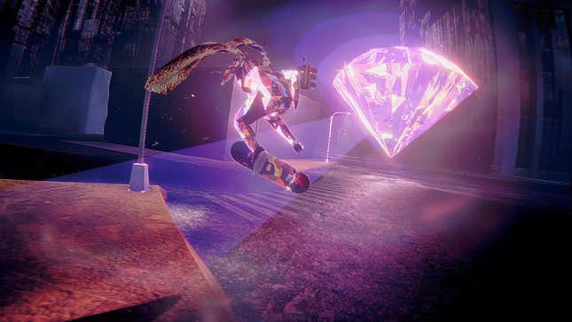A glass skater does a kickflip in front of a giant floating diamond