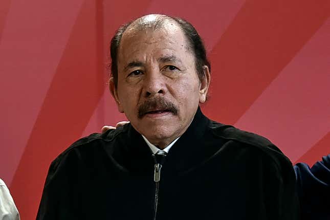 FILE - Nicaragua&#39;s President Daniel Ortega poses for a photo during the ALBA Summit at the Palace of the Revolution in Havana, Cuba, Tuesday, Dec. 14, 2021. A new study released Wednesday, Nov. 29, 2023 says that about half of Nicaragua&#39;s population of 6.2 million want to leave their homeland because of a mix of economic decline and repression from President Daniel Ortega&#39;s government. The study said that 23% considered themselves “very prepared” to emigrate. (Adalberto Roque, Pool Photo via AP, file)