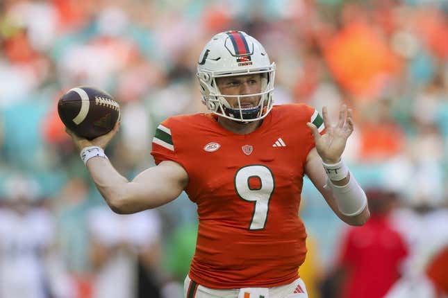 Oct 28, 2023; Miami Gardens, Florida, USA; Miami Hurricanes quarterback Tyler Van Dyke (9) throws the football against the Virginia Cavaliers during the second quarter at Hard Rock Stadium.