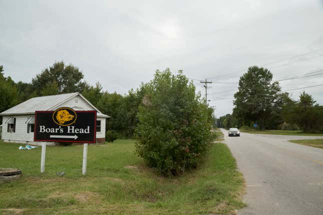 Cars drive along Allen Road In Jarratt, VA, on September 13, 2024. Jarratt is home to a Boar’s Head deli meat plant which has been closed indefinitely after a recall of liverwurst product found to be contaminated with listeria.