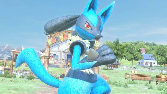 Lucario est représenté debout dans une zone herbeuse avec des Pidgeys et un Teddiursa qui le surveillent.