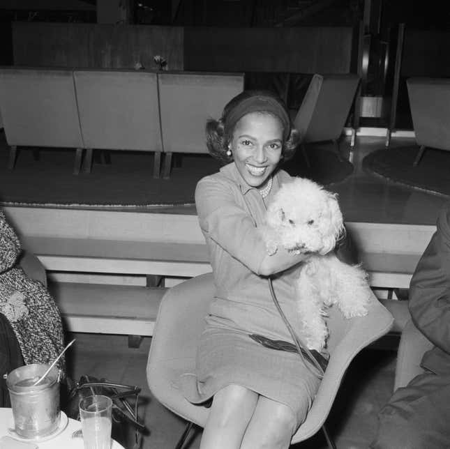 Dorothy Dandridge (1922 - 1965) with her dog at Orly Airport, Paris, on January 19, 1962. She will play the role of Empress Zaire in Raoul Levy’s film, ‘Marco Polo’.