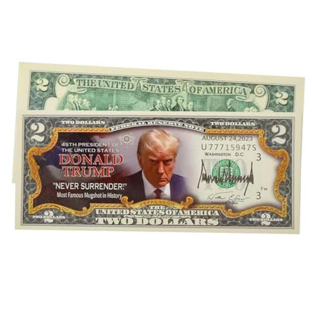 Image for article titled Donald Trump 2 Dollar Bill Donald Trump Never Surrender Colorized Mugshot Uncirculated Commemorative Coin Trump Merchandise 2024 Trump Coin, Now 10% Off