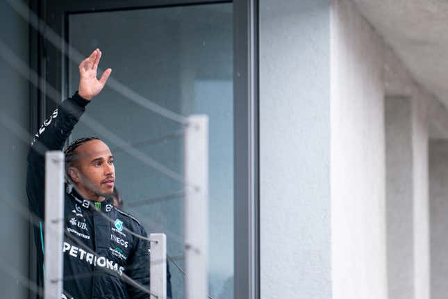 LEWIS HAMILTON of Great Britain and Mercedes-AMG F1 Team on the podium after finishing second in the 2022 FIA Formula 1 Hungarian Grand Prix at the Hungaroring in Mogyorod, near Budapest, Hungary.