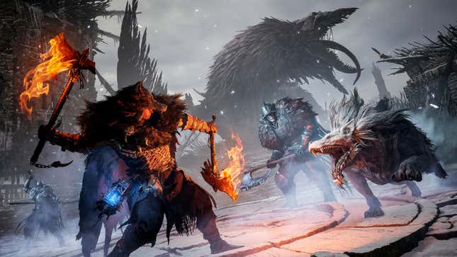 A Lords of the Fallen lampbearer swings their two flaming axes at some ice cold-looking enemies.