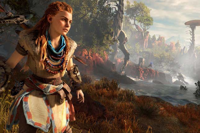 Aloy explores a rugged landscape populated by mechanical dinosaurs.